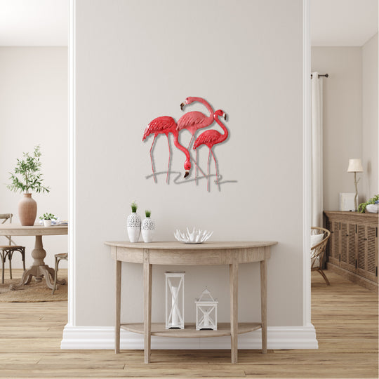 Pink Flamingo Metal Wall Art with Coastal-Inspired Design and Durable Frame Construction