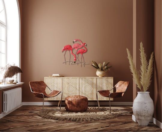 Pink Flamingo Metal Wall Art with Coastal-Inspired Design and Durable Frame Construction
