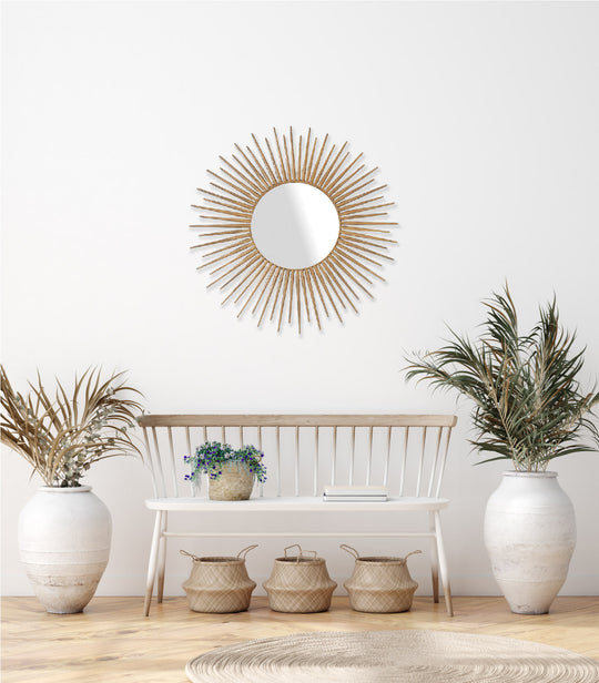 Gold Sunburst Wall Mirror with Radiating Spokes and Elegant Modern Glam Design