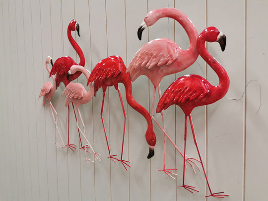 Vibrant Flamingo Flock Metal Wall Art with Tropical Coastal Design and Textured Detailing
