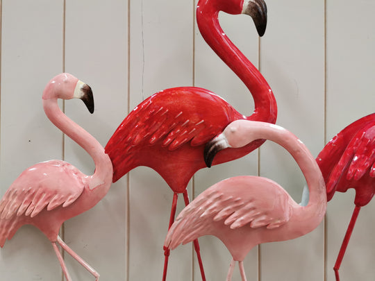 Vibrant Flamingo Flock Metal Wall Art with Tropical Coastal Design and Textured Detailing