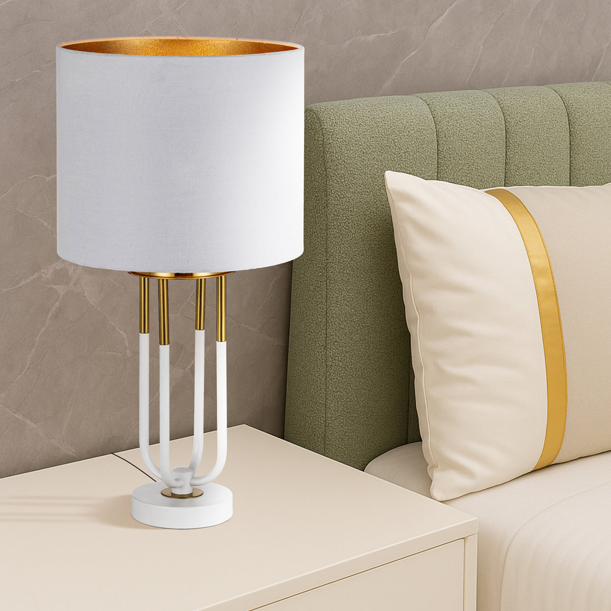 TFS TABLE LAMP 25wE27max D:280 H:540 Inline Switch WHITE / ANTIQUE GOLD