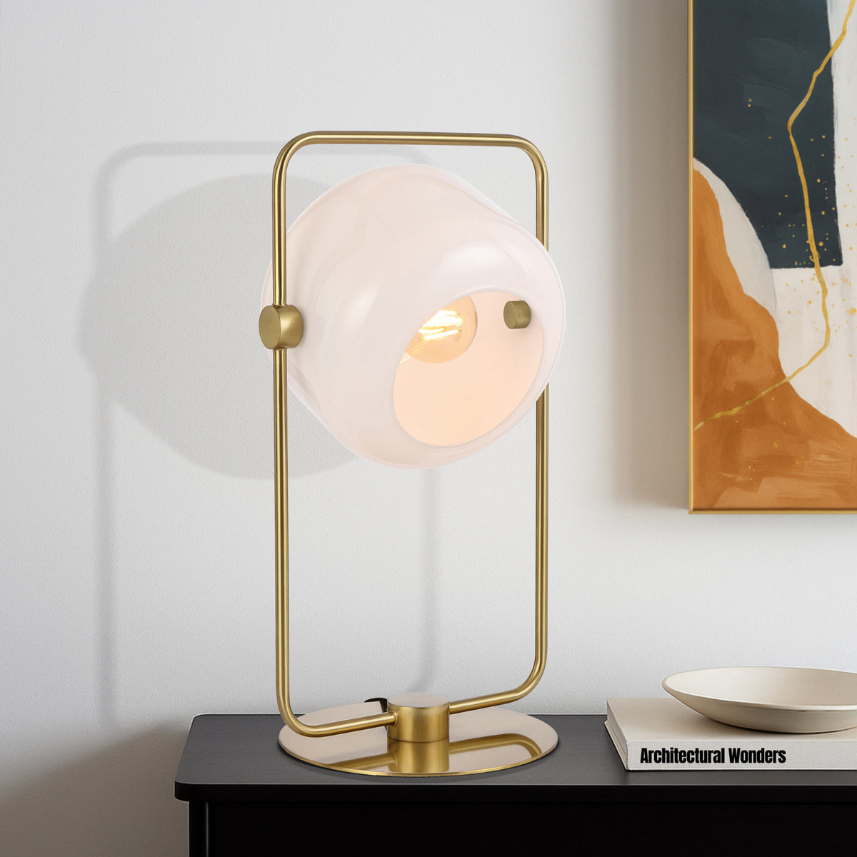 TFS TABLE LAMP 25wE27max D:240 H:435 INLINE SWTCH ANTIQUE GOLD / OPAL