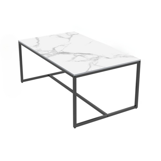 White Sintered Stone Rectangular Coffee Table with Minimalist Metal Frame