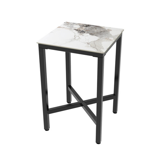 Glossy Jaded White Square Bar Table With Sintered Stone Top And Black X Base
