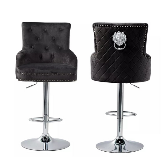 Black Velvet 360° Swivel Bar Stool With Lion Head Detail And Adjustable Height