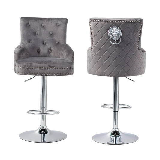 Gray Velvet Swivel Bar Stool With Lion Head Accent And Adjustable Chrome Base