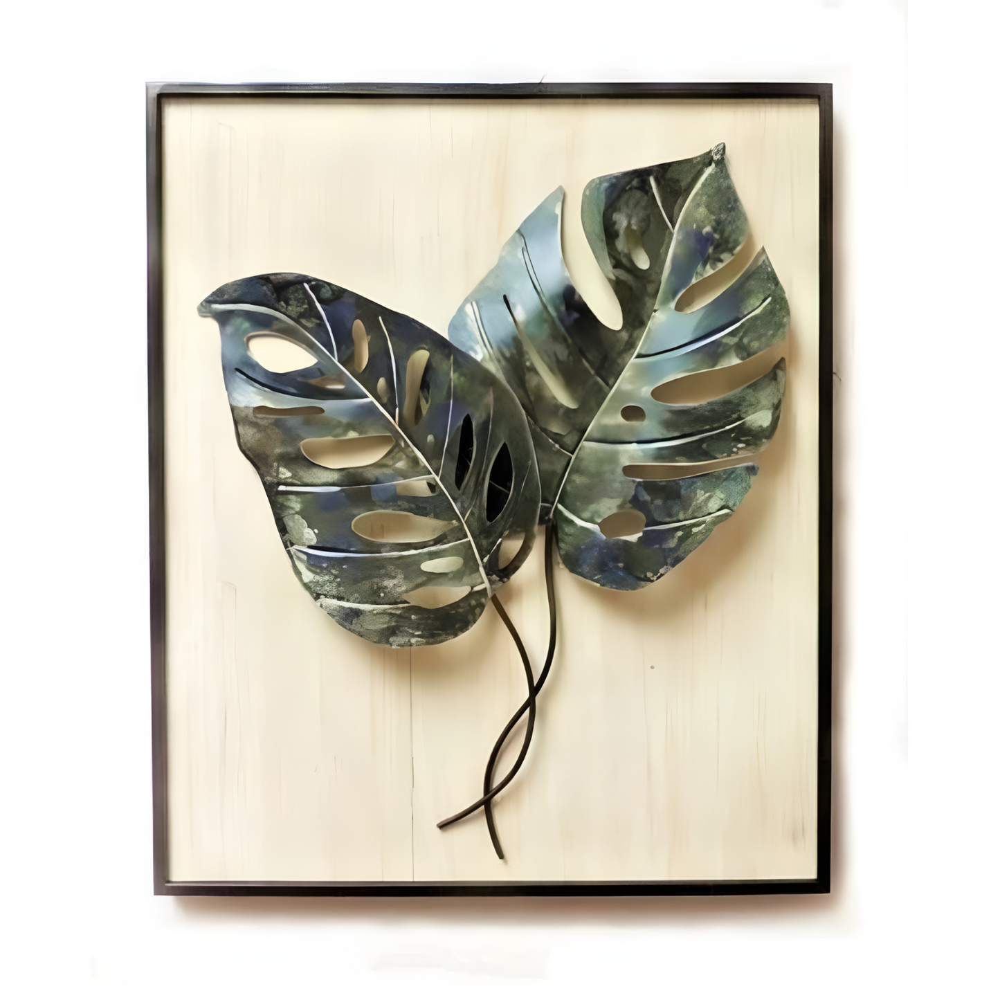 Wooden Frame Metal Wall Art with Elegant Pair of Leaves and Nature-Inspired Detailing