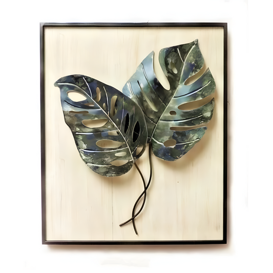 Wooden Frame Metal Wall Art with Elegant Pair of Leaves and Nature-Inspired Detailing