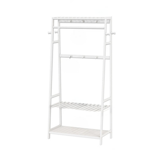 P&P White Bamboo Clothes Rack with 3 Shelves and 10 Hooks