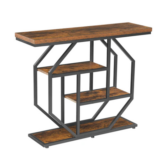 Black And Brown Entry Table With Industrial Design And Rustic Charm