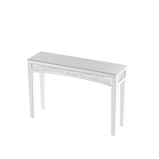 Silver Crushed Diamond Console Table With Mirror Finish And Glass Legs