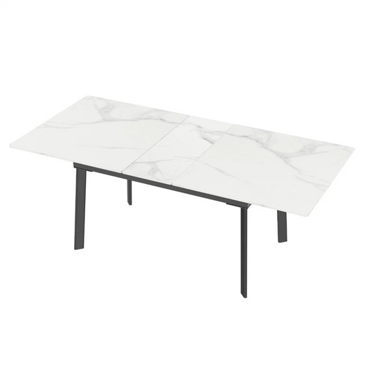 Glossy White Extendable Sintered Stone Dining Table With Sleek Metal Frame