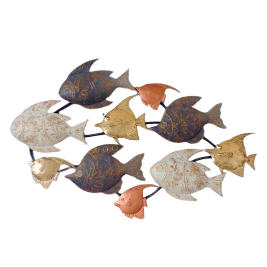 Silver School of Fish Metal Wall Decor with Sturdy Frame and Coastal Ocean-Inspired Design