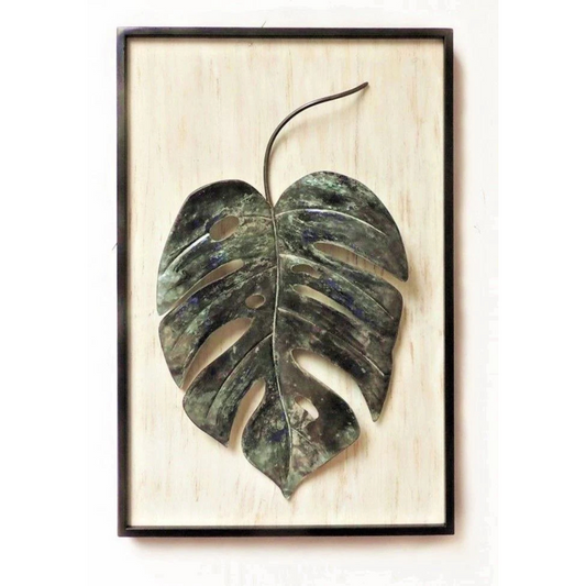 Wooden Frame Single Leaf Metal Wall Art with Rustic Charm and Nature-Inspired Design