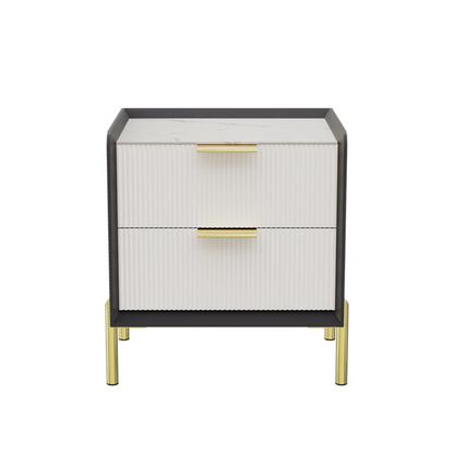 White & Grey Bedside Table With Sintered Stone Top And Storage Drawers