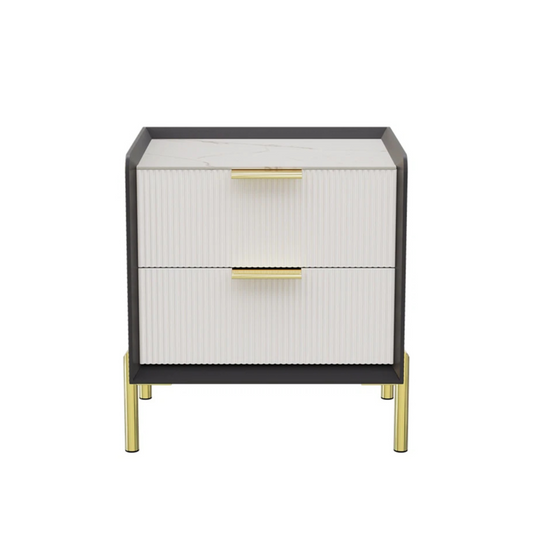 White & Grey Bedside Table With Sintered Stone Top And Storage Drawers