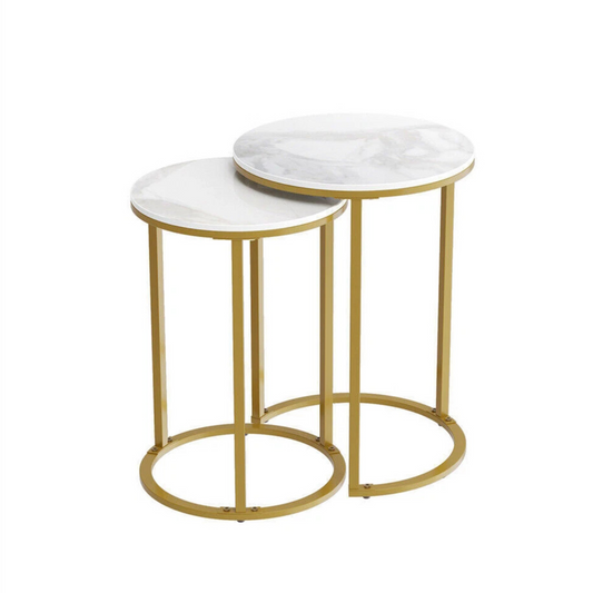 White Set of 2 Sintered Stone Nesting Side Tables With Gold Metal Legs