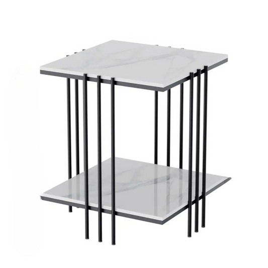 Black Frame 2-Tier Side Table With White Sintered Stone Square Top