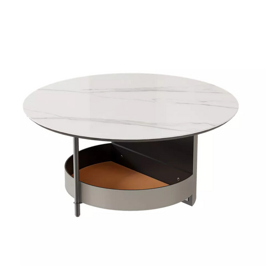 White & Grey Round Sintered Stone Coffee Table with Leather Storage Shelf