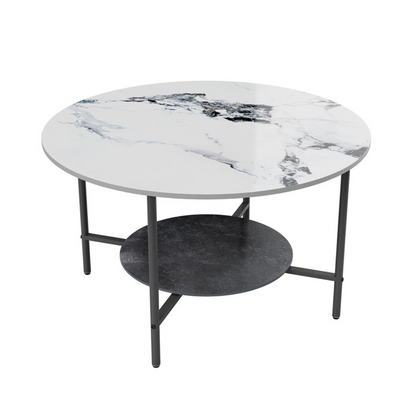 White & Black Round Coffee Table with 2?Tier Sintered Stone & Storage