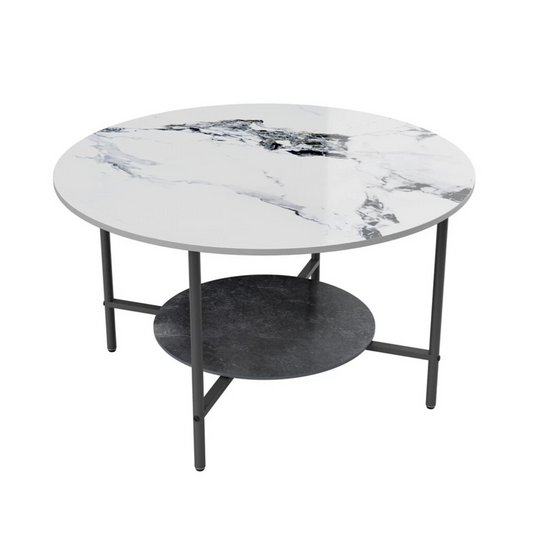 White & Black Round Coffee Table with 2?Tier Sintered Stone & Storage