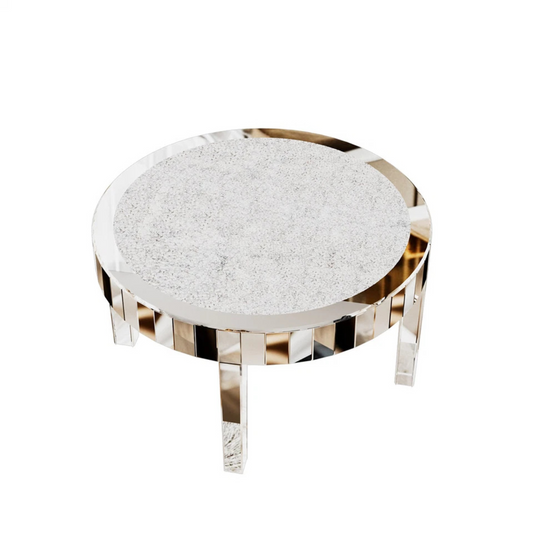 Silver Round Mirrored Coffee Table with Crushed Diamond Inlay Design