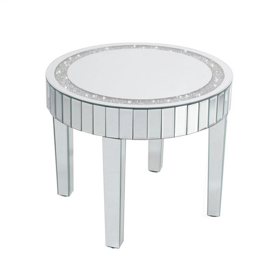 Silver Mirrored Round Coffee Table with Sparkling Crushed Diamond Detail