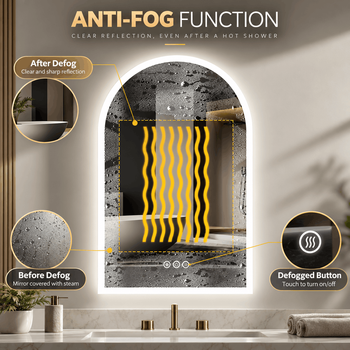 Arched LED mirror covered in steam with a labelled clear area showing the anti fog function and its touch button