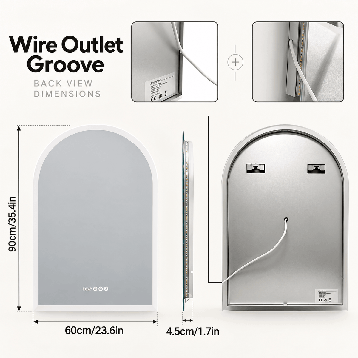 Front, side and back view diagram of the arched LED mirror showing its size, hanging hooks and cable outlet