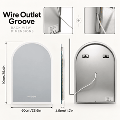 Front, side and back view diagram of the arched LED mirror showing its size, hanging hooks and cable outlet