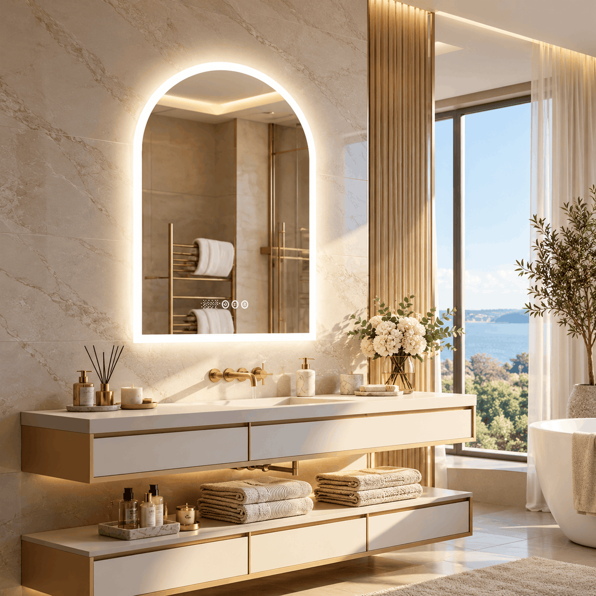 Arched LED mirror with a bright light edge above a gold tap and wide vanity in a bathroom with a large window