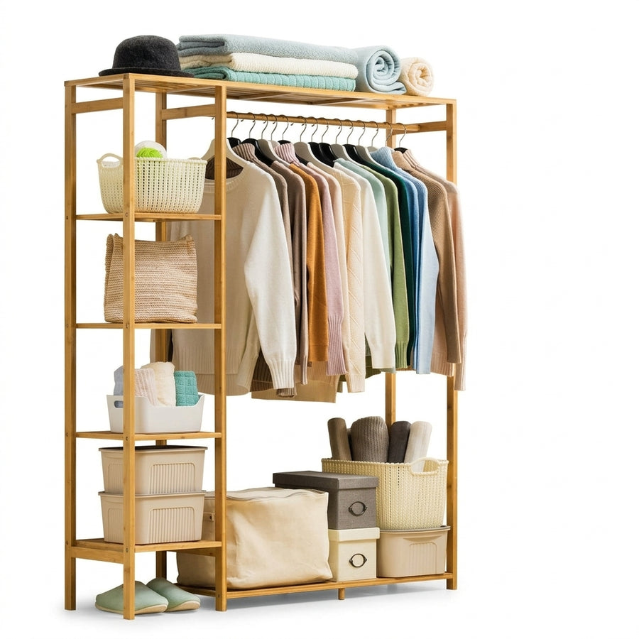 Bamboo Clothes Rack with Shelves, Open Wardrobe Garment Rack