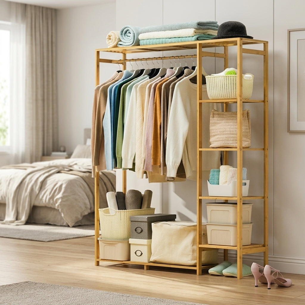 Bamboo open wardrobe clothes rack in a bedroom with sweaters on the rail and baskets, boxes and shoes on the shelves