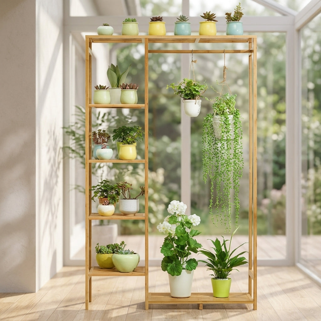 Bamboo open wardrobe rack used as a plant stand with potted plants on the shelves and hanging plants from the rail