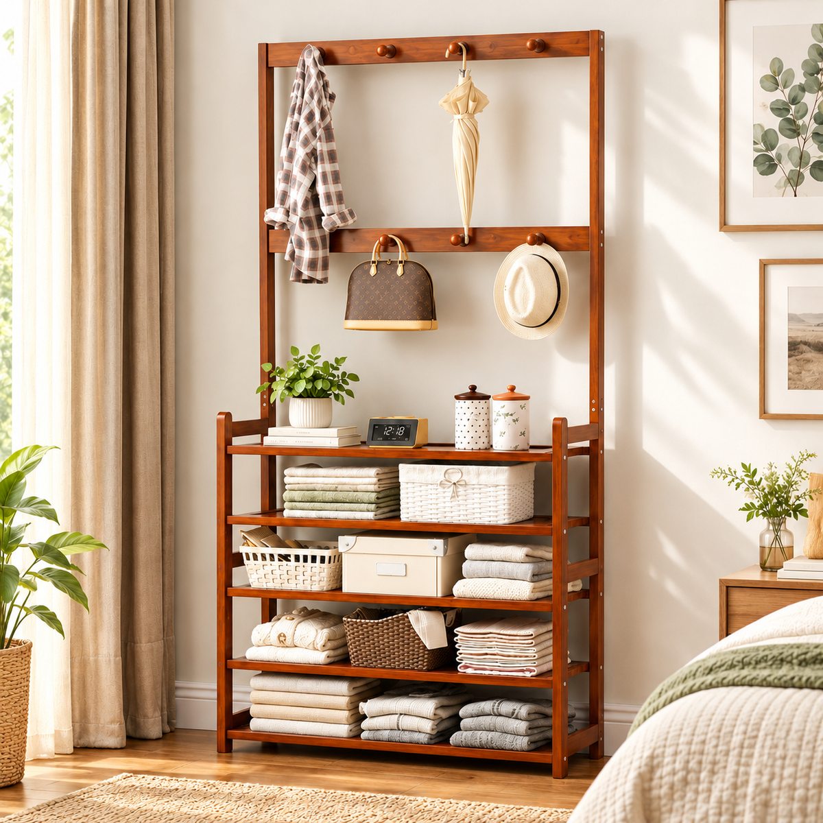 Brown bamboo coat and shoe rack in a bedroom with folded clothes and baskets on the shelves and a bag and hat on hooks