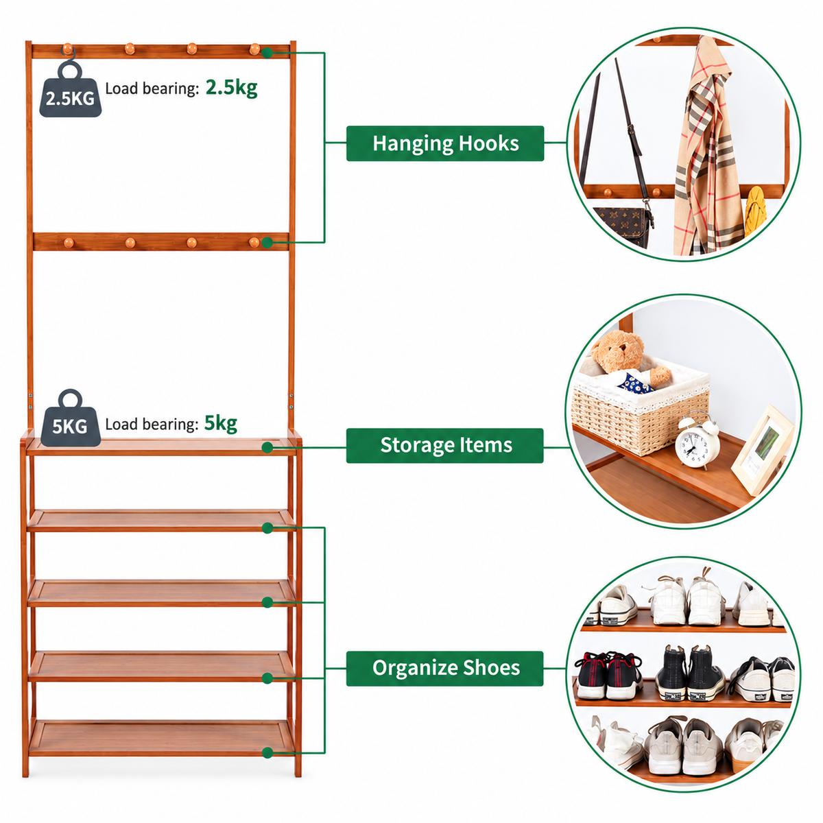 Bamboo coat and shoe rack load capacity diagram with close-ups of the hanging hooks, top shelf storage and shoe shelves