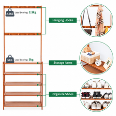 Bamboo coat and shoe rack load capacity diagram with close-ups of the hanging hooks, top shelf storage and shoe shelves