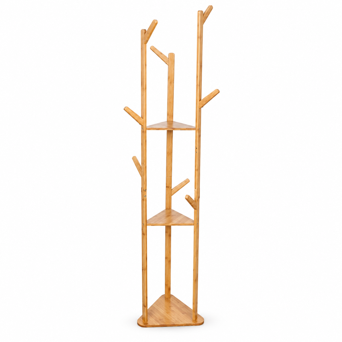 Empty bamboo tree coat rack with branch hooks, two triangular shelves and a triangular base