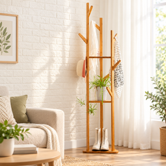 Bamboo tree coat rack in a living room with a hat, scarf and tote bag on the hooks, a plant on a shelf and boots on the base
