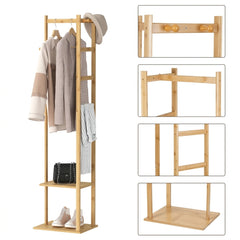 Bamboo coat rack with shoe shelf holding shirts and a sweater on hangers, a bag on a hook and handbags on the shelves