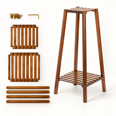 Bamboo plant stand parts laid out with screws, hex key, slatted shelves and rails next to the assembled stand