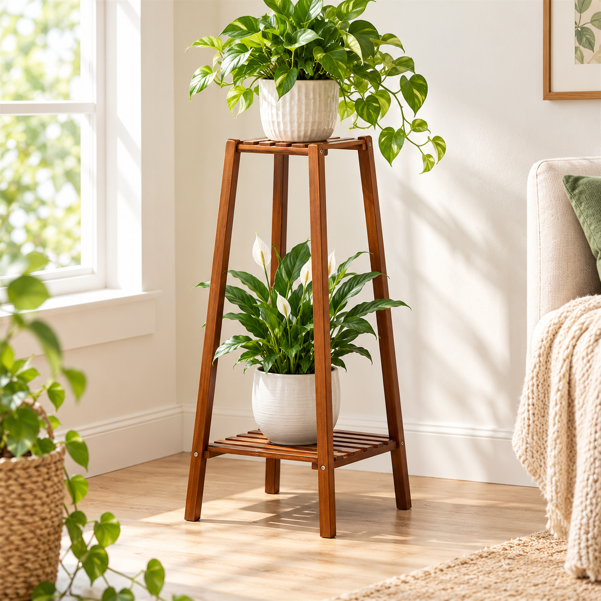 Tall bamboo plant stand with pothos and peace lily in a sunny living room corner beside a window and sofa