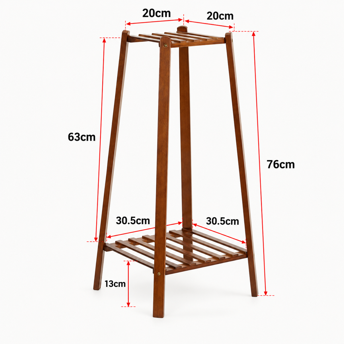 Bamboo plant stand size diagram: 76cm high, 20cm square top shelf, 30.5cm square bottom shelf, 13cm gap below