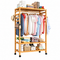 Bamboo Rolling Clothes Rack with Wheels, 3-Tier Clothing Rack