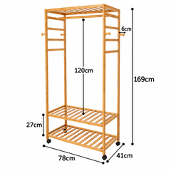 Bamboo clothes rack product dimensions diagram showing overall size, hanging space and shelf spacing