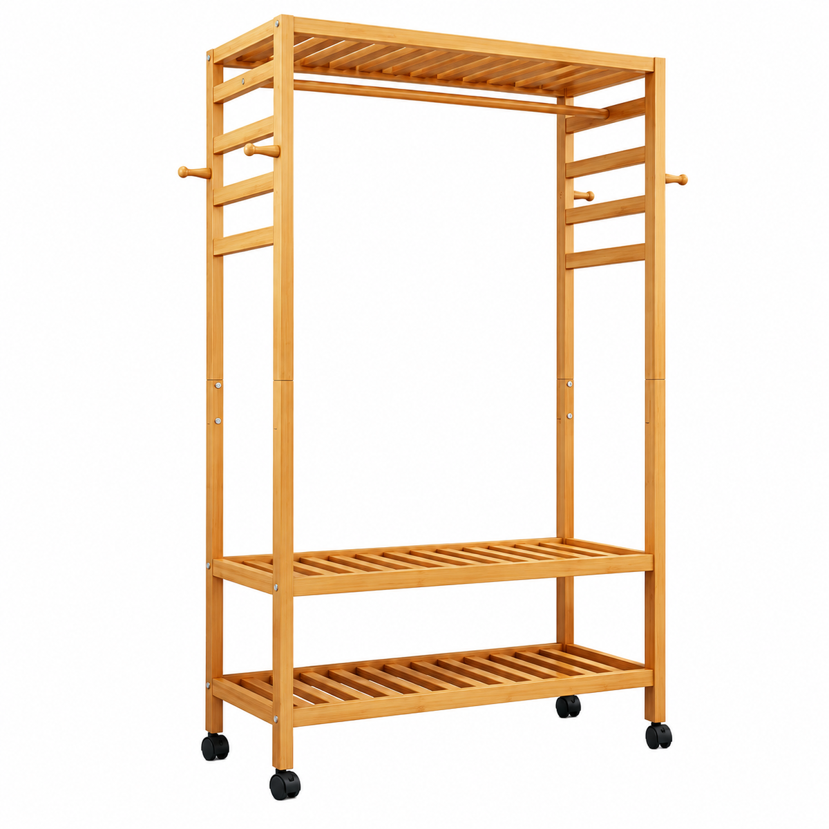 Empty bamboo clothes rack with a hanging rod, three slatted shelves, four side hooks and four caster wheels