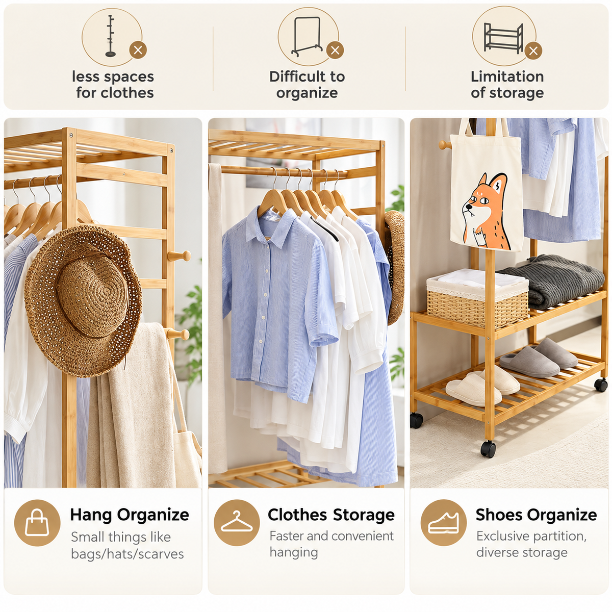 Collage of the bamboo clothes rack holding hats and bags on hooks, shirts on the rail and baskets and slippers on shelves
