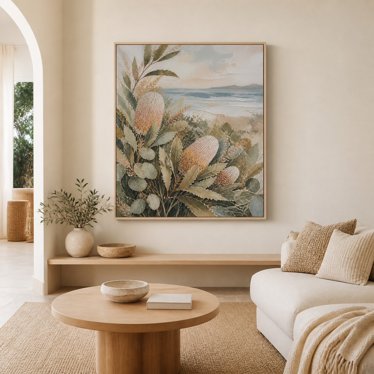 Banksia by the Bay birch floating frame canvas in a coastal interior