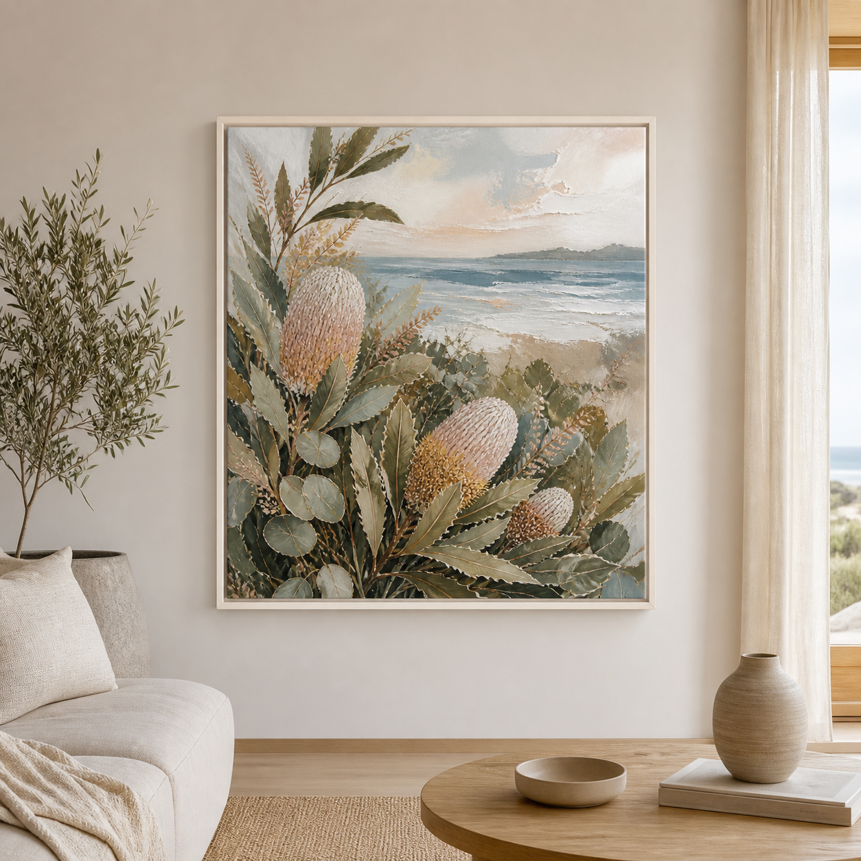 Banksia by the Bay white floating frame canvas